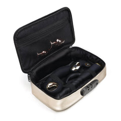 Gold Dorcel Discreet Box open with adult toys secured inside using elastic straps and mesh pocket