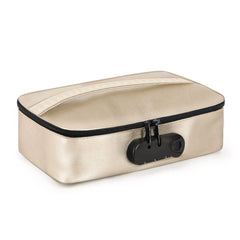 Gold metallic lockable storage case with black zipper and 3-digit combination lock, closed