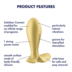 Gold plug vibrator product features diagram: motor, groove, app connectivity, silicone surface