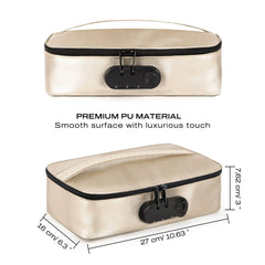 Gold PU leather case shown from two angles with dimensions: 27x16x7.6 cm labeled