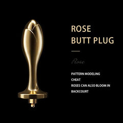 Gold rose butt plug close-up showing sculpted petal tip design and flared base with threaded connector for tassel attachment