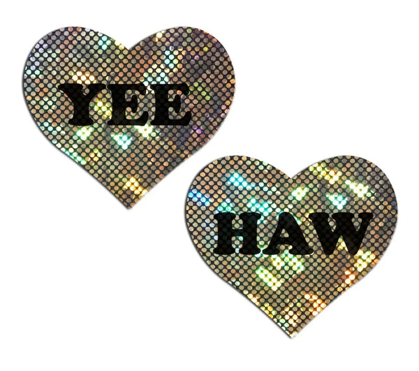 Gold sequin heart pasties with bold black 'YEE HAW' text, showing sparkle detail
