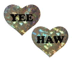Gold sequin heart pasties with bold black 'YEE HAW' text, showing sparkle detail