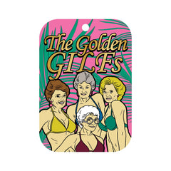 Golden GILFs Air Freshener card showing four illustrated women on a pink tropical background