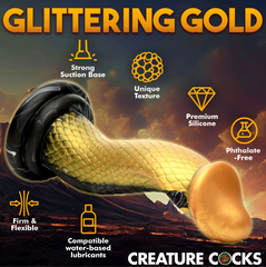 Golden Mamba dildo feature callout: strong suction base, premium silicone, phthalate-free material