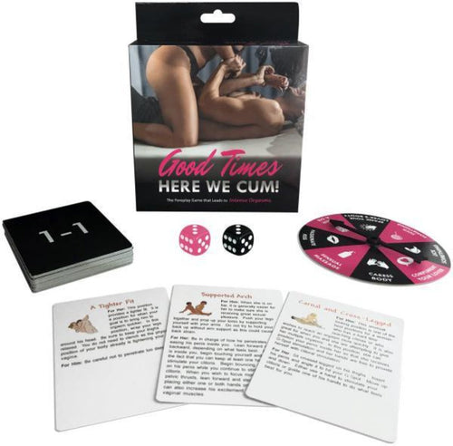Good Times Here We Cum couples card game with spinner, dice, and position cards