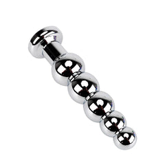Close-up of graduating bead design on chrome-finish metal plug, showing tapered shape