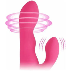Close-up graphic showing rotating head and clitoral vibration functions of pink rabbit vibrator