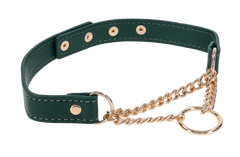 Green faux-leather martingale collar with gold curb chain and adjustable snap closures