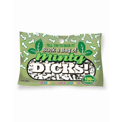 Close-up of green Minty Dicks novelty candy bag showing mint-shaped white candies through window
