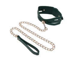 Green vegan leather cutout collar and gold chain leash set laid flat on white background