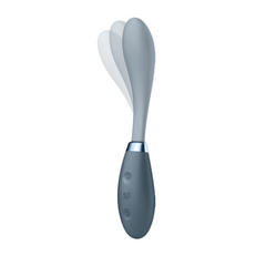 Grey bendable vibrator shown in multiple flex positions illustrating range of motion