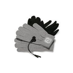 Grey and black Mystim e-stim gloves paired together showing conductive fabric construction
