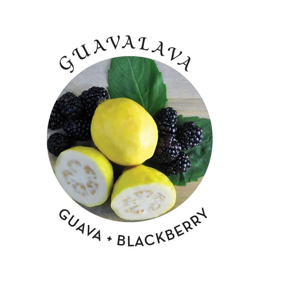 Guavalava scent inspiration: fresh guava halves and ripe blackberries on a wooden surface