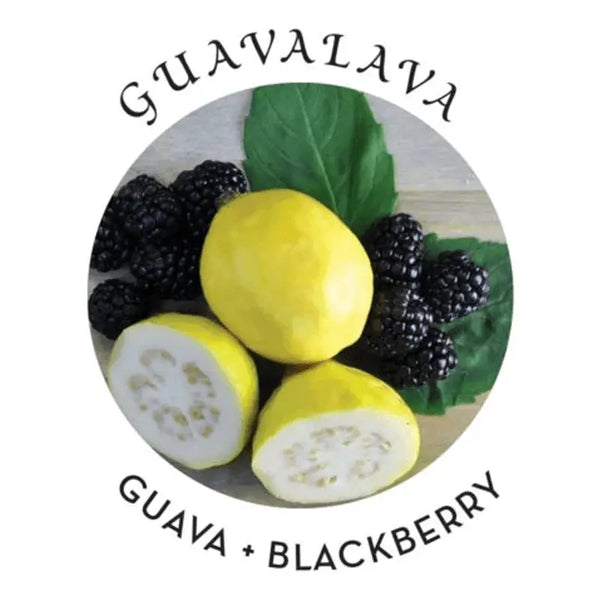 Guavalava scent label showing fresh guava slices and ripe blackberries with green leaves
