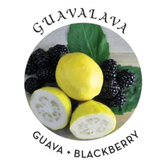 Guavalava scent label showing fresh guava slices and ripe blackberries with green leaves
