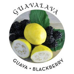 Guavalava scent label showing fresh guava slices and ripe blackberries on white background