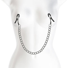 Gunmetal nipple clamps with chain shown on mannequin torso illustrating fit and chain drape