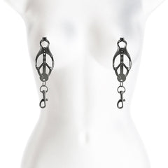 Gunmetal nipple clamps shown on a mannequin torso, demonstrating adjustable fit and drop length