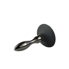 Gunmetal tapered plug with flat oval silicone suction base displayed upright showing stable base design