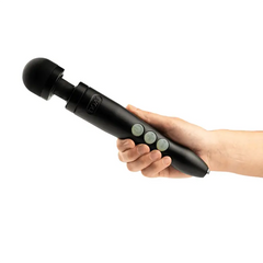 Hand gripping the Doxy wand massager handle showing three tactile control buttons