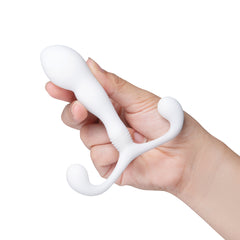 Hand holding b-Vibe P-Spot Slim X to show compact size and flexible ribbed neck detail