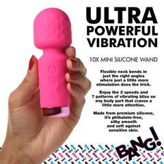 Hand holding Bang 10X Mini Wand Vibrator, silky pink silicone with flexible bendable neck
