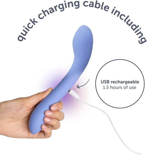 Hand holding blue plusOne massager connected to white USB charging cable, 1.5-hour battery life