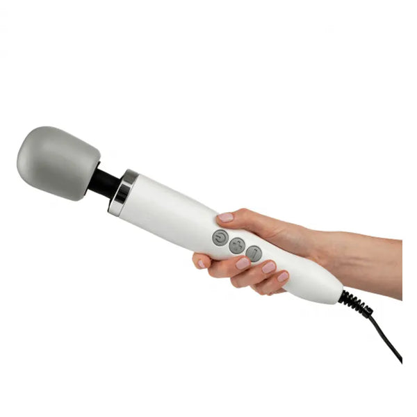 Hand holding the Doxy wand massager showing ergonomic handle grip and corded design