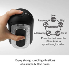 Hand holding Flip Zero EV showing pressure pad controls with five vibration mode diagram