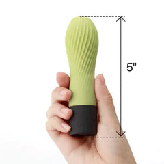 Hand holding Iroha zen MATCHA vibrator showing 5-inch total length for compact size reference