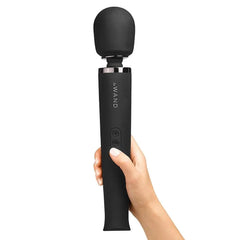 Hand holding Le Wand black wand massager upright showing two control buttons