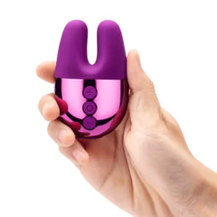 Hand holding Le Wand Double Vibe dual-tip vibrator to show compact palm-sized scale and button layout