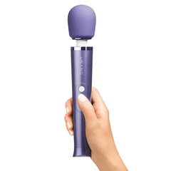 Hand holding Le Wand Petite Massager in violet, showing ergonomic handle size and grip