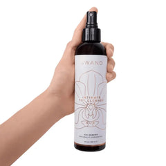 Hand holding Le Wand Toy Cleaner spray bottle showing 95% organic unscented formula label