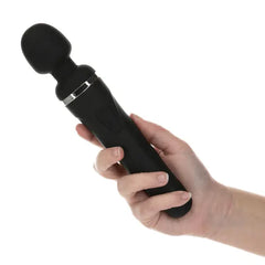 Hand holding Lovense Domi 2 black wand vibrator to demonstrate comfortable grip and size