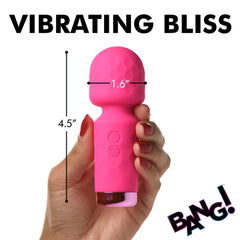 Hand holding pink mini wand with measurements: 4.5 inches tall, 1.6 inch wide flexible head