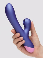 Hand holding Romp Pulse rabbit vibrator upright, showing curved shaft and rounded stimulator arm