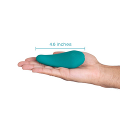 Hand holding teal prostate massager to show 4.6-inch compact size