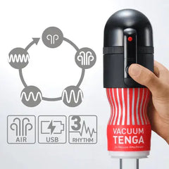 Hand holding Tenga Vacuum Max beside diagram showing 3 rhythmic air suction pattern modes