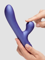 Hand pressing flexible clitoral arm of blue-purple ROMP Pulse rabbit vibe, soft silicone