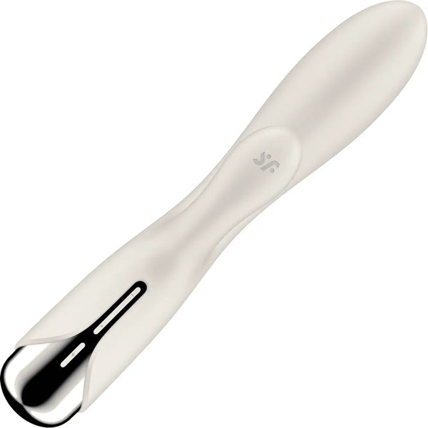 Handle and base detail of Satisfyer Spinning Rabbit 1 with Satisfyer logo and chrome accent