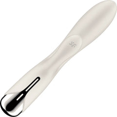 Handle and base detail of Satisfyer Spinning Rabbit 1 with Satisfyer logo and chrome accent