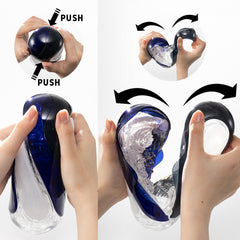 Hands demonstrating push-to-open and flex motion on a navy FLIP 360 masturbator