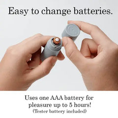 Hands opening Iroha vibrator base to replace AAA battery, easy-access battery compartment