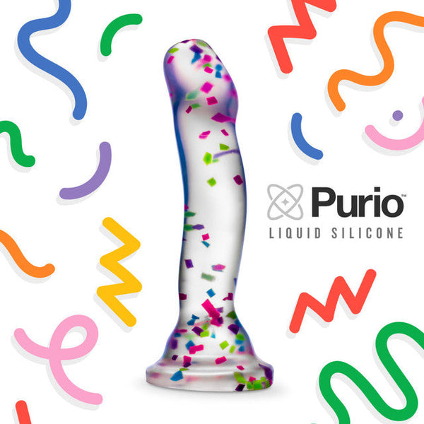 Hanky Panky Confetti dildo displayed upright on festive background with Purio logo