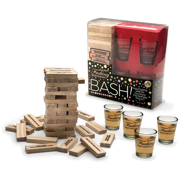 Happy Fucking Birthday Bash drinking game set with wooden tower blocks and four shot glasses