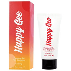 Happy Gee Cooling Gel tube beside its vibrant gradient box, showing matching branding detail