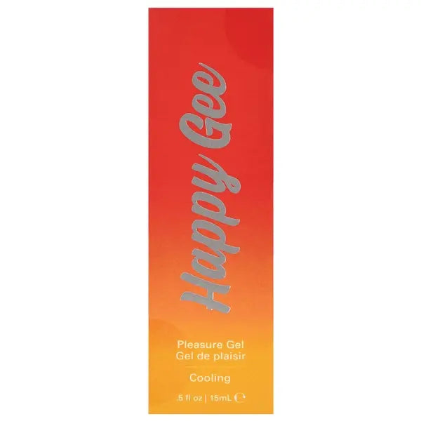 Happy Gee Cooling Pleasure Gel packaging front panel with metallic script logo on red-orange gradient