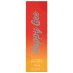 Happy Gee Cooling Pleasure Gel packaging front panel with metallic script logo on red-orange gradient